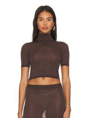 L’Academie Revolve Chocolate Brown Hadi Sheer Knit Cropped Turtleneck Top S NWT